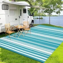 Meiyiu Alfombra exterior impermeable de 8x10/9*12/9*18, alfombra de patio de plástico trenzado para camping, alfombra de interior y exterior para caravana, terraza, porche, balcón, patio trasero, picnic - Azul claro - 9*12 pies - Ver 1