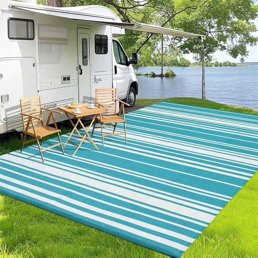 Meiyiu Alfombra exterior impermeable de 8x10/9*12/9*18, alfombra de patio de plástico trenzado para camping, alfombra de interior y exterior para caravana, terraza, porche, balcón, patio trasero, picnic - Azul claro - 9*12 pies - Ver 1