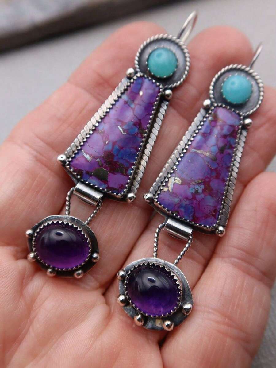 2PCS Vintage Bohemian Purple Charm Enamel Multicolor Dangling Women's Earrings For Daily Gift Party Birthday Gift - Nhiều màu - Xem 1