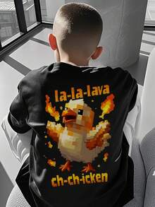 男孩和青少年学生休闲图案印花圆领短袖 T 恤，夏季上衣 - 黑色 - 查看 7