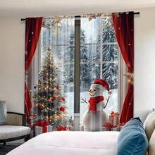 Conjunto de 2 Cortinas de Natal com Árvore de Natal - Bolso para Varão, Impressão Digital, Tecido de Poliéster, Apresentando Cena Natalina Nevosa com Boneco de Neve e Presentes, Decoração Vermelha e Branca Adequada para Sala de Estar, Cozinha, Quarto, Sala de Jantar, Decoração de Natal para Casa (Efeito Estampado, Sem Painéis de Cortina) Decorações de Natal Decoração de Casa Decoração de Quarto - Multicolorido - Ver 17