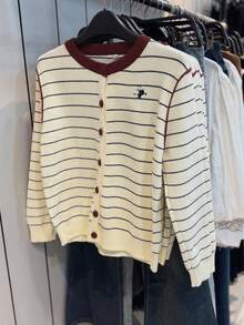 2025 Autumn/Winter New Style Women's Knitted Cardigan - Color-Block Stripe, Embroidered Pattern Decoration, Round Neck, Long Sleeve