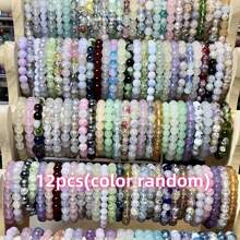 12pcs Random Bohemian Style Natural Stone Bead Bracelet, Versatile Bead Bracelets Suitable For All Seasons, Elastic Rope Stacked Bracelet Set, Halloween And Christmas Gifts - Multicolor - View 1