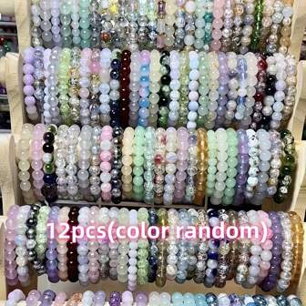 12pcs Random Bohemian Style Natural Stone Bead Bracelet, Versatile Bead Bracelets Suitable For All Seasons, Elastic Rope Stacked Bracelet Set, Halloween And Christmas Gifts