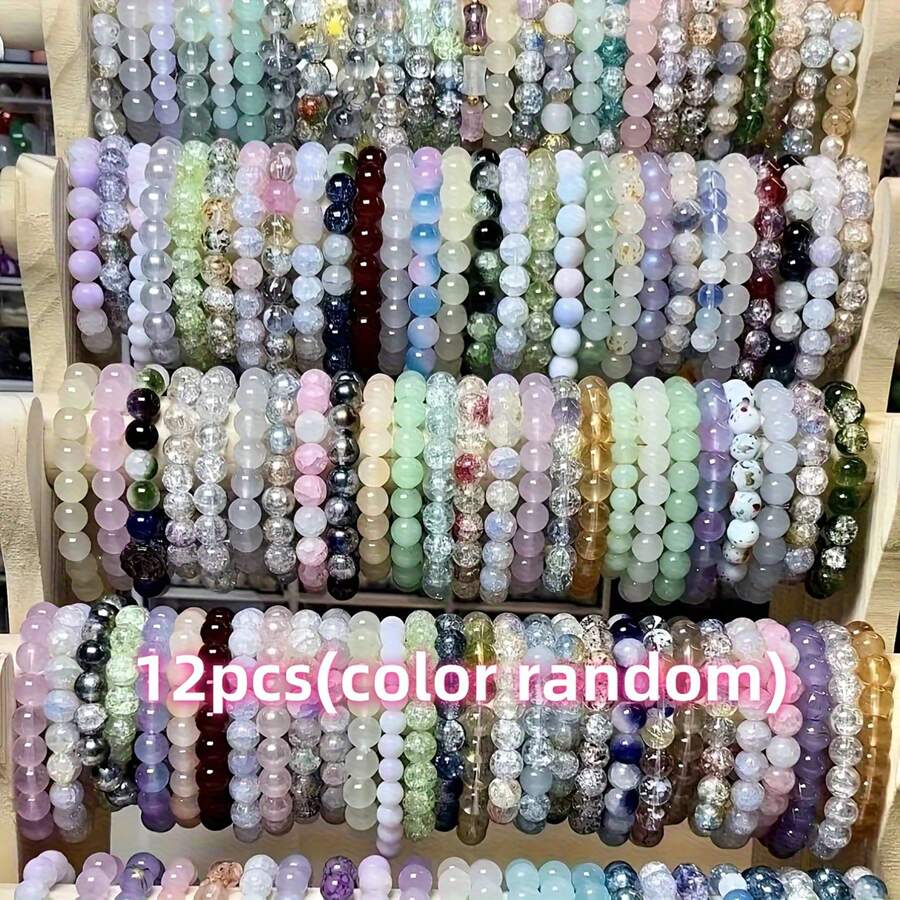 12pcs Random Bohemian Style Natural Stone Bead Bracelet, Versatile Bead Bracelets Suitable For All Seasons, Elastic Rope Stacked Bracelet Set, Halloween And Christmas Gifts - Multicolor - View 1