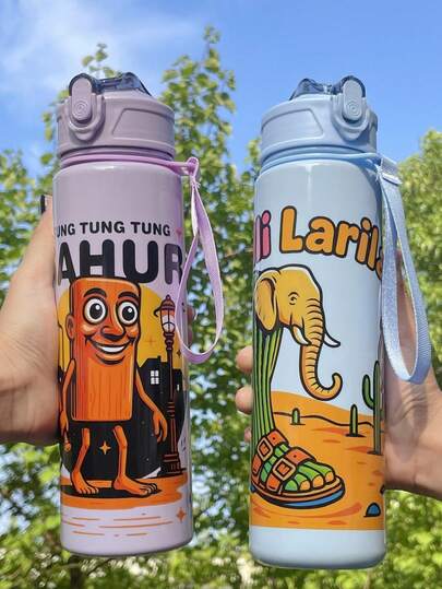 1pc Tung Tung Tung Sahur (27.05 Ounces) Large Capacity Sports Water Bottle With Leak-Proof Cap And Straw. Perfect For Daily Use, Fitness, Camping, Halloween/Christmas Gifts, Back-To-School Graduation Gifts, And Birthday Gifts. The Ideal Gift For Friends.