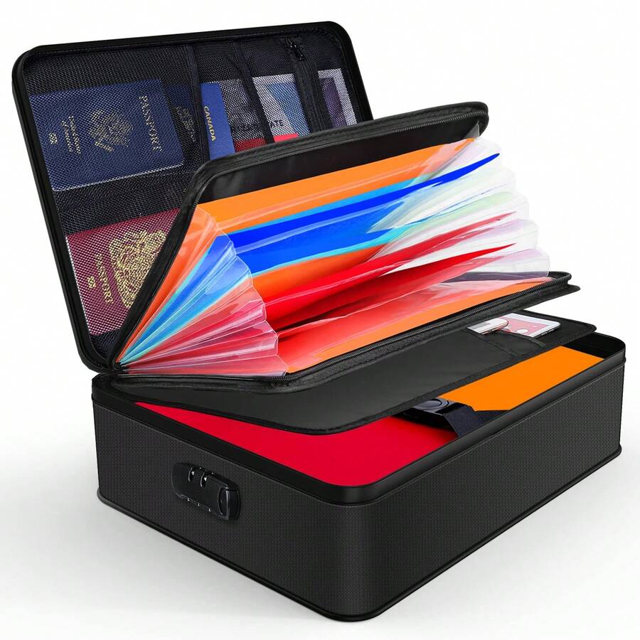 Dokumententasche Dokumentenbox, Feuerfeste Dokumentenmappemit Schloss, Ordner (Sichere Aufbewahrungslösung aus hitzebeständigem Fiberglas (bis 2000°F), 1-tlg., Mit mit 7 Fächern, Passwortschloss, wasserdicht & tragbar), 36 x 10 x 26,9 cm, für Dokumente, Karten, USB u.v.m. - Schwarz - Übersicht 1