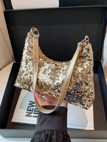 时尚亮片装饰休闲单肩背包，适合女士，百搭大方的白色背包。1 件绗缝拉链开合 PVC 亮片手提包，新款闪亮腋下包，大容量派对晚宴包，时尚链条斜挎包，适合女性外出、旅行、聚会、宴会 - 金色 - 查看 2