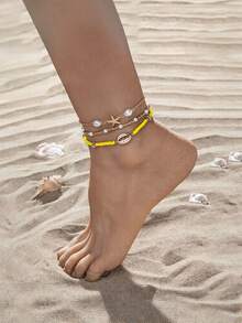 3 件/套女孩海星和贝壳串珠脚链，多层简约时尚脚链套装 - 彩色 - 查看 13