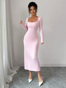 Đầm maxi cổ đứng dáng suông thanh lịch, tối giản, màu biacs, thích hợp mặc hàng ngày. - Hồng - Xem 6