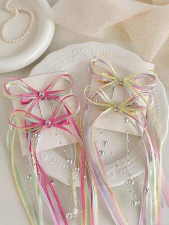 4 件套彩色长丝带蝴蝶结水晶发夹，可爱甜美，适合小女孩，适合日常和节日使用（随机卡片发货）