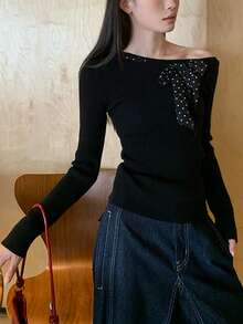 Alicedudu Women's Autumn/Winter Elegant Slim Fit Polka Dot Bow Design Pullover - Black - View 4