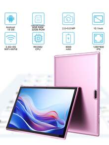 Coopers 10.1 Inch Android 15 Tablet, WIFI Tablet PC, 3GB RAM, 32GB ROM, Support 1TB Expandable, Quad-Core, 2.4G+5G WiFi, Dual Band WiFi6, 2MP + 8MP Dual Camera, 1280 * 800 IPS HD Touch Screen,Wi-Fi, 6000mAh Battery, Support Widevine L1(No Adapter) - Pink - View 2