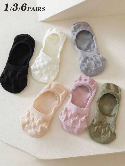 3/5/6双女款糖果色黑白纯色波西米亚风网眼防滑不掉跟透气针织面料日系学院风船袜隐形袜春夏百搭居家聚会通勤运动节日礼物。（无纸卡）