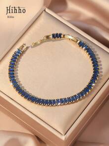 Hihho 1 件简约时尚闪亮蓝宝石蓝色方形锆石镶嵌女士手链，约会礼物 - 寶藍色 - 查看 4