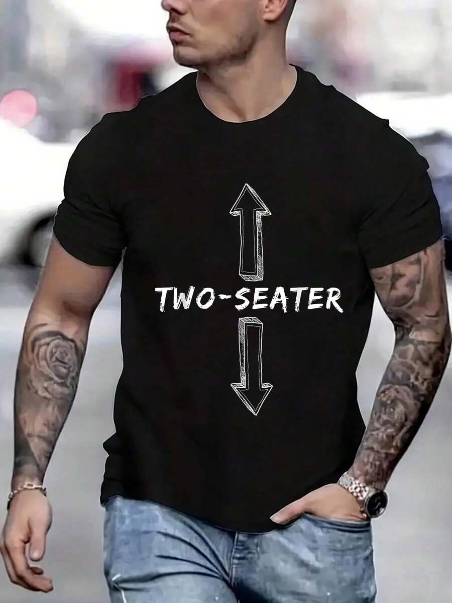 100% Cotton Two Seater Dirty Humor Funny Sarcastic Offensive Gag Gift T-Shirt Street Hip-Hop Style Men's T-Shirt - 黑色 - 查看 1