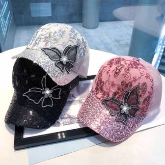 1pc Random Floral Pattern Women's Sequin Butterfly Baseball Cap, Mesh Breathable Snapback Hat, Rhinestone Butterfly Streetwear Casual Sun Hat, Suitable For Outdoor Sports, Hiking, Running, Travel