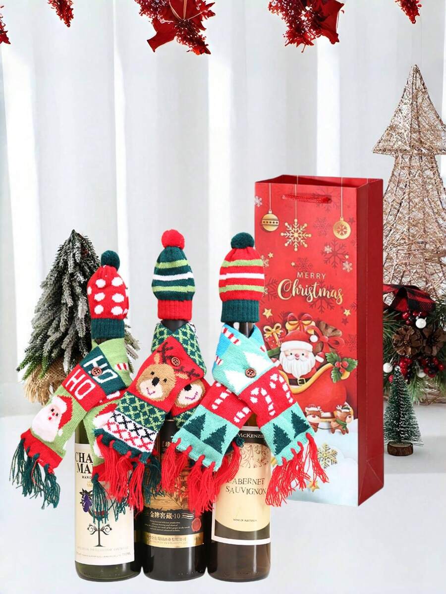 1/2pcs Christmas Hat Gift Bag Christmas Tree Snowman Wine Bottle Decoration, Party, Party Decoration, Home Decoration, Party Supplies, Suitable For Holiday Gifts Christmas Gifts