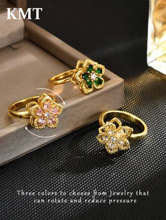 KMT 1pc Copper Zirconia 5-Petal Flower Rotatable Anti-Stress Luxury Fashion Open Ring Gift Box For Women Valentines