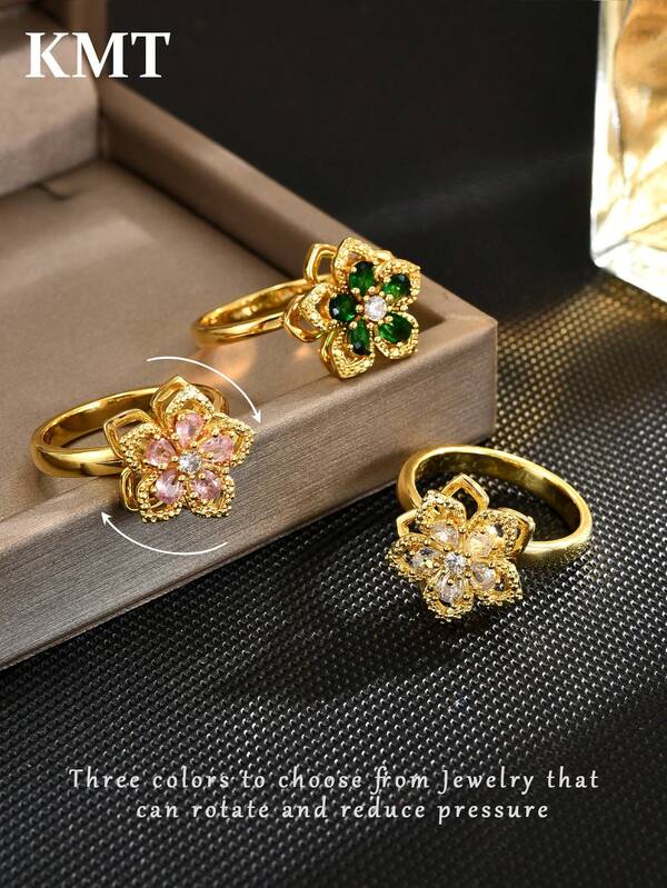 KMT 1pc Cobre Zircônia 5-Pétala Flor Rotativo Anti-Stress Luxo Moda Anel Aberto Caixa de Presente Para Mulheres Dia dos Namorados