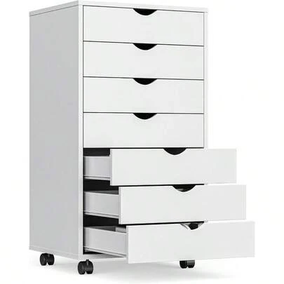 7 Drawer Mobile File Cabinet Under Desk Storage Organization With Wheels Vertical Filing Chest Rolling Wood Small Desk Printer Stand For Home Office 15.75D X 18.74W X 34.25H White