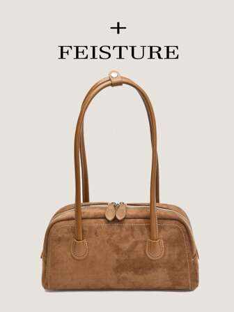 1個 レトロスエードボウリングバッグ、ジッパー開閉、デイリー外出、デート、通勤に適しています