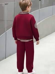 Outfit da 2 pezzi per bimbo piccolo, con stampa di coniglio e blocchi di colore, camicia a maniche lunghe con colletto a righe + pantaloni con stampa di coniglio, completo di moda adorabile, versatile per uso casual, uscite e feste