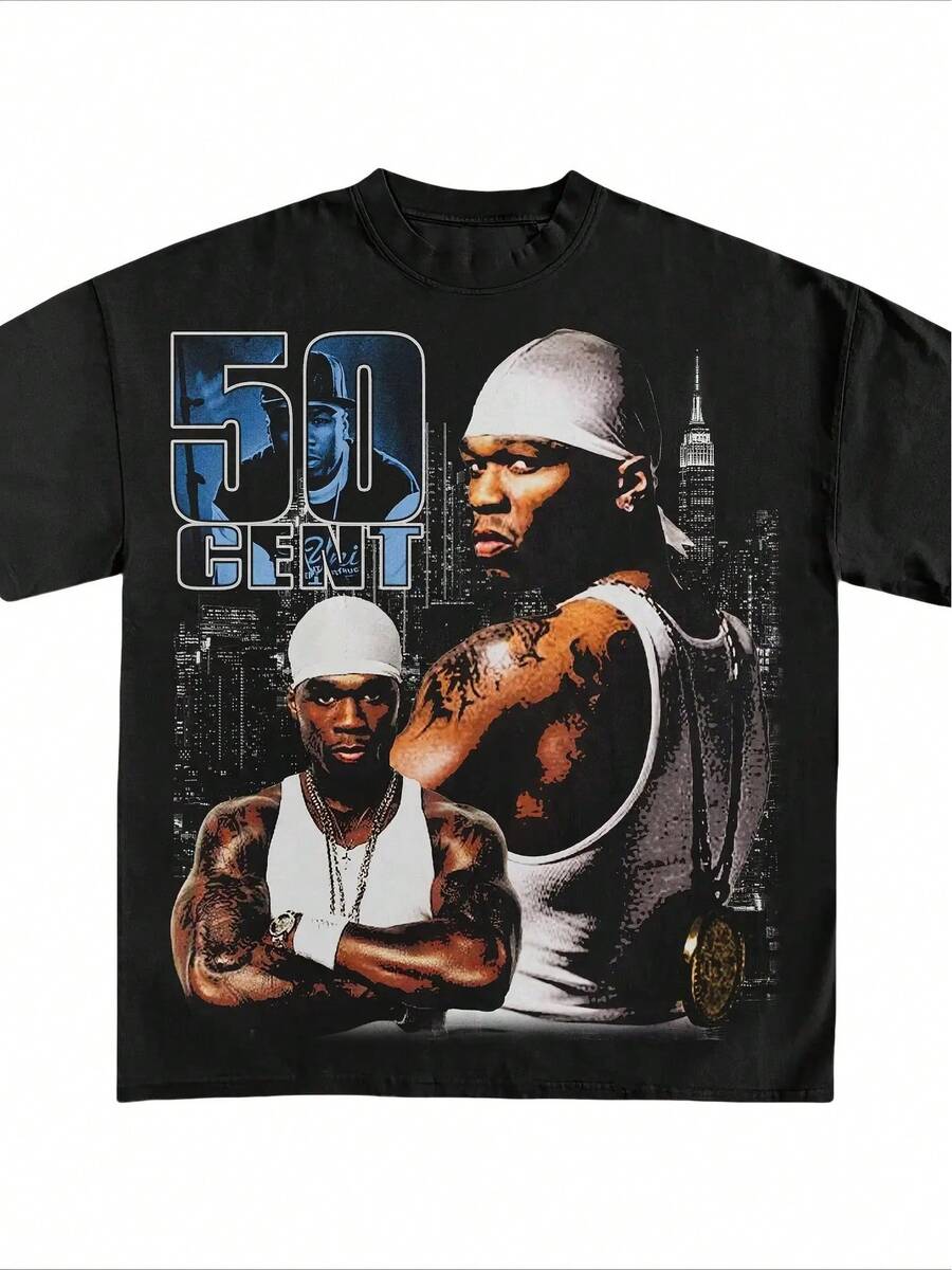 50 Cent Inspired Y2K Retro Graphic T-Shirt - Black Cotton Crew Neck, Short Sleeve, Unisex Streetwear For Men & Women, Hip Hop Style With Bold "50 CENT" Design, Perfect For Casual Wear, Everyday Tshirt| Bold Graphic Tee| Comfortable Fit - màu đen - Xem 1