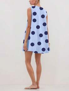 Women's Cute Polka Dot Babydoll Mini Dress Scoop Neck Flowy Sleeveless Short Dress Ruched Loose Fit Dress - Màu xanh lam - Xem 3