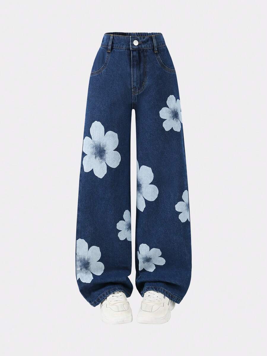 Girls' Casual Floral Print Washed Straight Leg Jeans, Dark Blue, Autumn/Winter New Arrival - Dark Wash - View 1