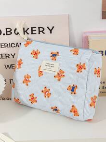 1 Pc/Set Cute Strip Print Cosmetics Storage Bag Foam Quilted Make Up Bag Cartoon Bear Pattern Travel Toiletry Bag Cute Blue Cosmetics Storage Bag Large Capacity Makeup Pouch Multi-Functional Items Organizer Bag Handheld Make Up Bag Zippered Pencil Case Jewelry Organizer Bag, Lip Oil Organizer Bag, Nail Polish Organizer Bag Sanitary Towel Storage Bag For Girl Birthday Gift Back To School Gift Girlfriend Gift - Blue - View 16