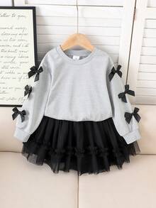 2pcs Girls Elegant Bowknot Long Sleeve Top & Mesh Princess Dress Set, Spring/Autumn