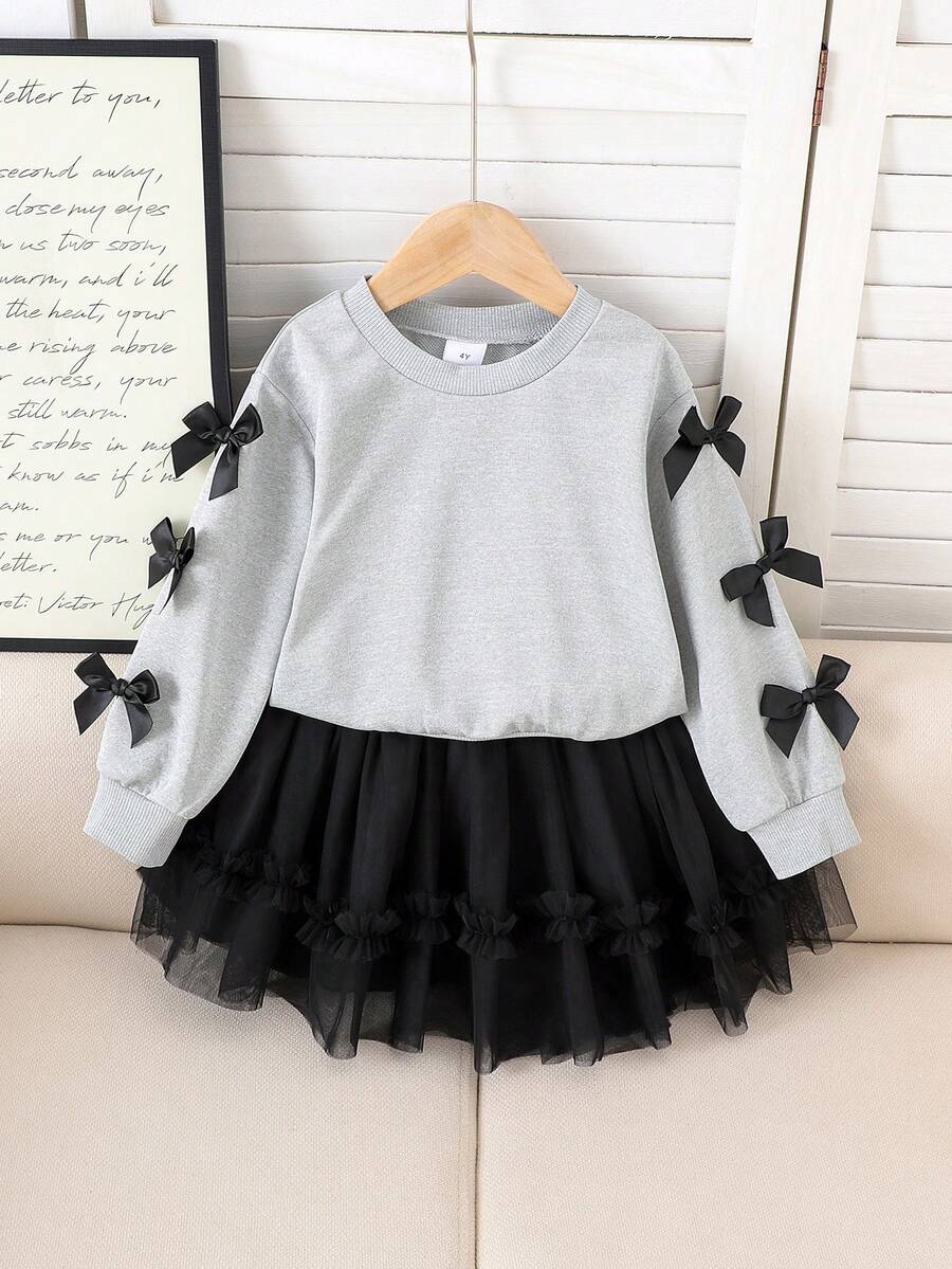 2pcs Girls Elegant Bowknot Long Sleeve Top & Mesh Princess Dress Set, Spring/Autumn