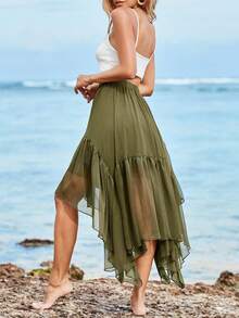 Womens Summer Boho Maxi Skirt Casual Asymmetric High-Low Hem Flowy Bohemia Long Skirt - 軍綠色 - 查看 3