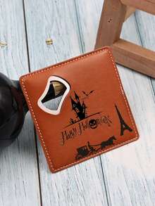 Customized Multi-Functional Beer Bottle Opener, PU Leather & Metal Bottle Opener, Stainless Steel Coaster, Customized Halloween Bottle Opener, Suitable For Restaurant, Kitchen, Customized Bar, Dining Establishment, Office Desk Coaster