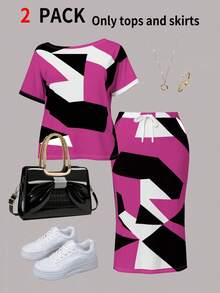 大码女式休闲两件套，几何印花 T 恤和迷你裙，夏季 - 玫紅色 - 查看 4
