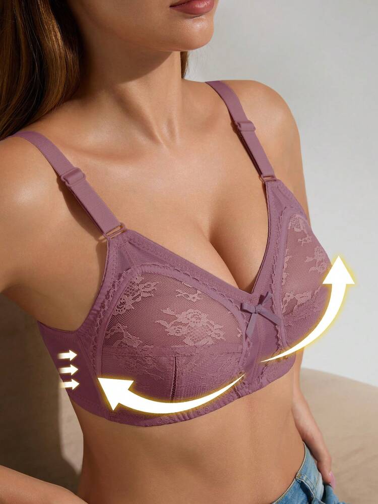 Temptuelle 1pc Women's Solid Color Full Coverage Lace Wireless Bra, Sexy Supportive Breathable Thin Lingerie - Pink - View 3