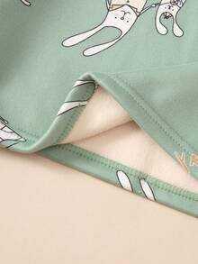 Girls' Thick Fleece Cartoon Rabbit Print Pajama Set, Long Sleeve Top And Pants, Warm Sleepwear For Autumn/Winter - Mint Green - View 6