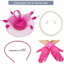 Ibeauti Fascinator Hats With Screentouch Lace Gloves Set Women Tea Party Cocktail Wedding Derby Headwear Short Gloves - 07 亮粉色 - 查看 4