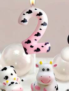 Pink & White Cow Spotted Digit 0-9 Print Birthday Animal Theme Anniversary Celebration Party Cake Decorative Candles - Multicolor - View 2