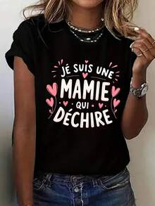 T-shirt graphique "Je suis une grand-mère qui pleure" pour femmes - col ras-du-cou décontracté, Top à manches courtes avec décoration de cœur, convient pour le printemps/l'été, blanc avec texte vert, tenue décontractée | Chemise avec décoration de cœur | Coupe confortable noire - Noir - Voir 3