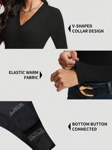 1 件秋冬保暖内衬 V 领纽扣闭合修身休闲瑜伽运动服女士保暖紧身衣 - 黑色 - 查看 5