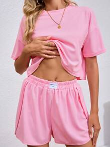 2pcs Women Solid Color Casual Short Sleeve Top & Wide Leg Shorts Set Summer Loungewear For Home Use,Two Pieces Set Outfit - Pink - View 3