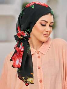 1 套穆斯林花卉印花头巾、头巾和头带，时尚百搭 - 顏色 - 查看 11