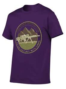 S~5XL Classic  Cotton Tee | Unisex American Size | 180gsm Fabric | Men's Vintage Military Sniper Graphic T-Shirt Funny Long Range Shooting Design Casual Wear Gift For Gun Enthusiasts Print | Beach & Casual Wear - 紫色 - 查看 2