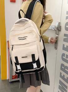 SLIN&LXZQ Letter Graphic Classic Backpack With Cartoon Charm Preppy Badge Decor For School - Black - View 2