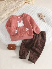 2 件套女婴可爱兔子图案纹理针织套头衫和棕色裤子，休闲日常装 - 彩色 - 查看 1