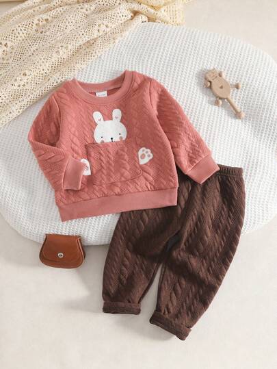 2 件套女婴可爱兔子图案纹理针织套头衫和棕色裤子，休闲日常装