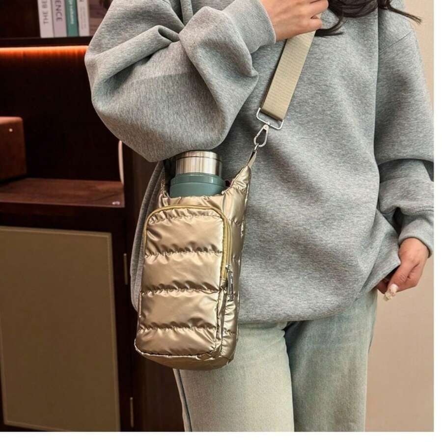 FRIFUL 1件装女士单肩包，时尚保温毛绒水瓶包，可调节肩带，多口袋设计，方便存放水瓶、手机、钥匙等物品，适合户外运动、健身、旅行、徒步和露营。
