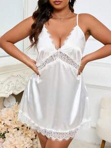 1 pieza Vestido de tirantes de seda sintética sexy talla grande, adecuado para el hogar, fiestas privadas, San Valentín, bodas, vestido de tirantes de seda sintética con aplicaciones de encaje